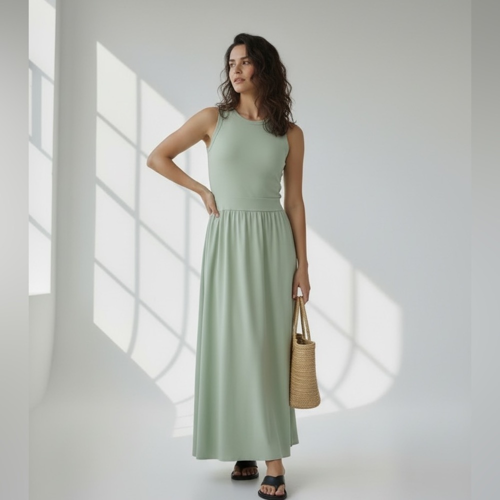 NWT COS Contrast Panel Cotton Sleeveless Sage Green Maxi Dress Size L